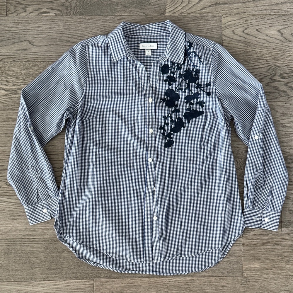 🌼CHARTER CLUB🌼 Navy Checkered Shirt with Floral Embroidery, Size 8